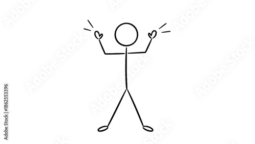 Cheerful Stick Figure Character Celebrating Success with Hands Raised in the Air, Feeling Joyful and Excited, isolated white background.