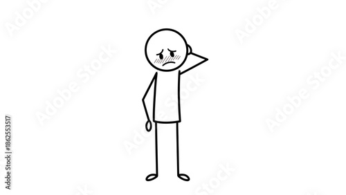 Embarrassed Stick Figure Touching Back of Head, Expressing Shyness or Awkwardness, on an Isolated White Background