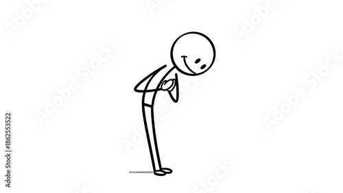 Polite Stick Figure Bowing Down, Showing Respect and Gratitude, on an Isolated White Background
