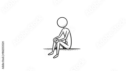 Stick Figure Sitting Calmly on a Surface, Taking a Relaxing Break, on an Isolated White Background