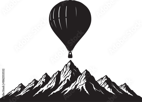 A hot air balloon floating above a mountain range with sharp peaks and rugged terrain under a clear sky during daytime