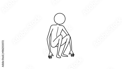 Stick Figure Squatting Down in a Resting Pose, Observing or Taking a Break, on an Isolated White Background