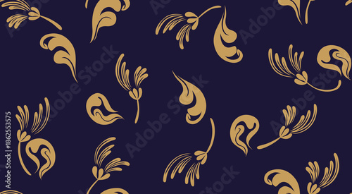 Elegant floral and leaf baroque style ornament golden curves seamless pattern. Vintage flowers foliage graphic decoration.