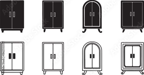 Set of eight black and white silhouette illustrations of modern and vintage cabinets