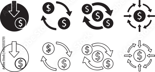 A series of black and white illustrations demonstrating the process of money flow and currency transfer through various stages and methods