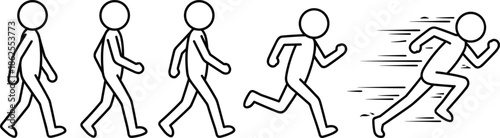 Stick figure evolution from walking to running, motion speed concept, human progress, movement sequence illustration, minimal line art