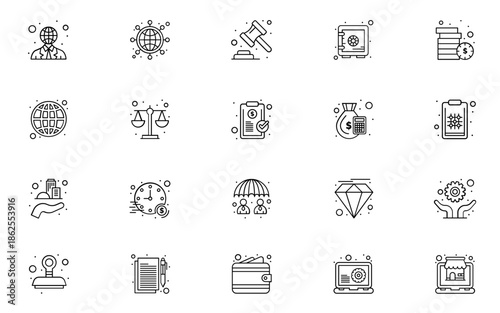 Economy and Business Outline Icon Set, 20 Financial, Corporate, and Strategy Icons for Presentation