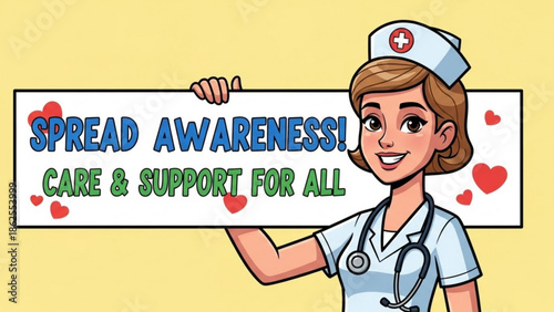 Cartoon nurse holding sign spread awareness care support all hearts with medical and healthcare and compassion and empathy and kindness and woman