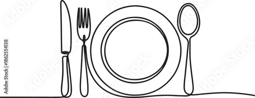 A minimalist table setting featuring a plate, knife, fork, and spoon in a simple line art illustration