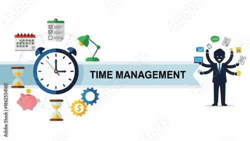 Time Management Illustration - Clock, Calendar, and Multitasking for Productivity.