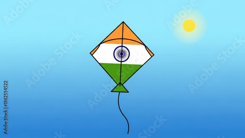Vibrant indian flag kite soaring in clear blue sky with bright sun, symbolizing freedom and joy, perfect for republic day or independence day celebrations