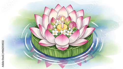 Beautiful pink lotus flower with candle on green leaf base floating on water with ripples serene peaceful scene with calm and zen and meditation