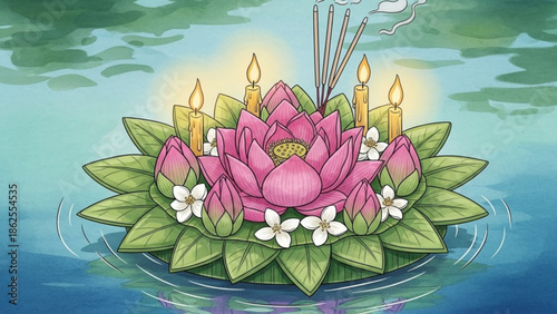 A serene pink lotus flower floating on water with candles and incense sticks, surrounded by green leaves and white flowers, creating a peaceful atmosphere for meditation