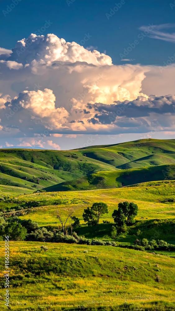 Obraz premium Rolling green hills under a dramatic sky with fluffy white clouds