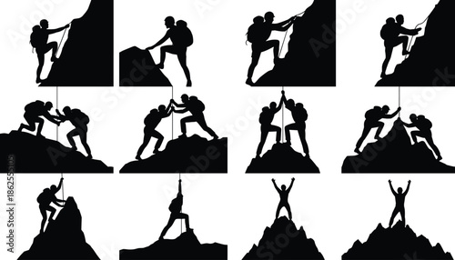 Team climbing mountain silhouettes, teamwork leadership success concept, hikers helping each other, challenge achievement, motivation, cooperation, determination
