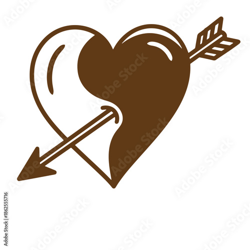 Brown heart pierced by an arrow symbol for love and passion concepts