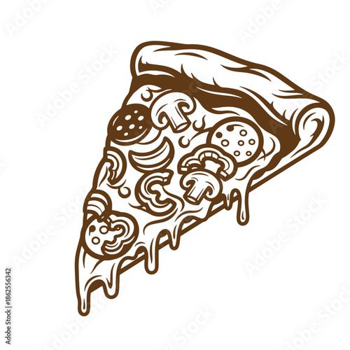 Brown illustration of a slice of pizza with melted cheese and various toppings isolated on white background