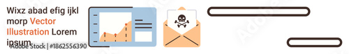 Cybersecurity, data analysis, phishing prevention, identity protection, digital communication, malware alert. Graph showing data, envelope with a skull symbol. Cybersecurity and phishing prevention