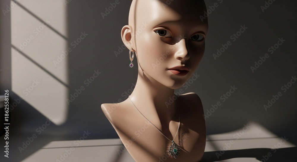 custom made wallpaper toronto digitalA mannequin head displaying jewelry, bathed in natural light with soft shadows