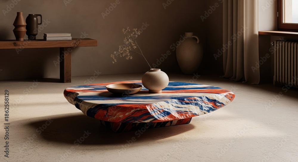 custom made wallpaper toronto digitalA modern living space shows a unique, colorful coffee table with decor and sunlight