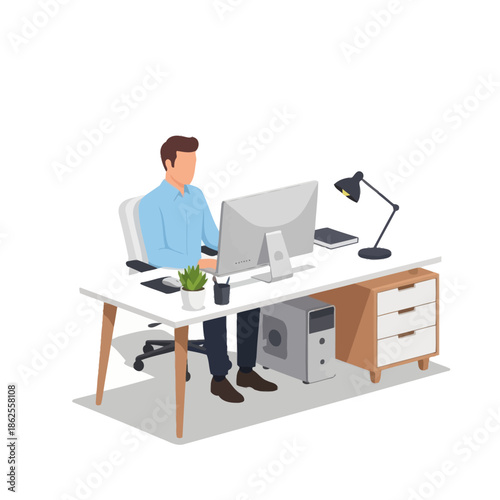 Man working at desk with computer, office setup, business, technology, home office