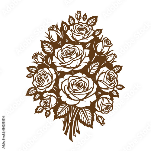 Brown roses bouquet illustration with leaves and stems on white background