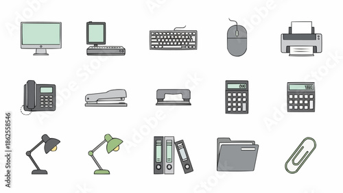 Office Supplies and Equipment Illustration Set for Business and Work.
