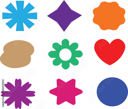 Abstract basic geometric elements. Star, heart, and flower colorful flat vector kit