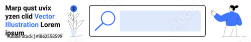 Online search, user interface, digital navigation, internet tools, modern technology, information lookup. Magnifying glass and search bar with a woman pointing. Online search and user interface