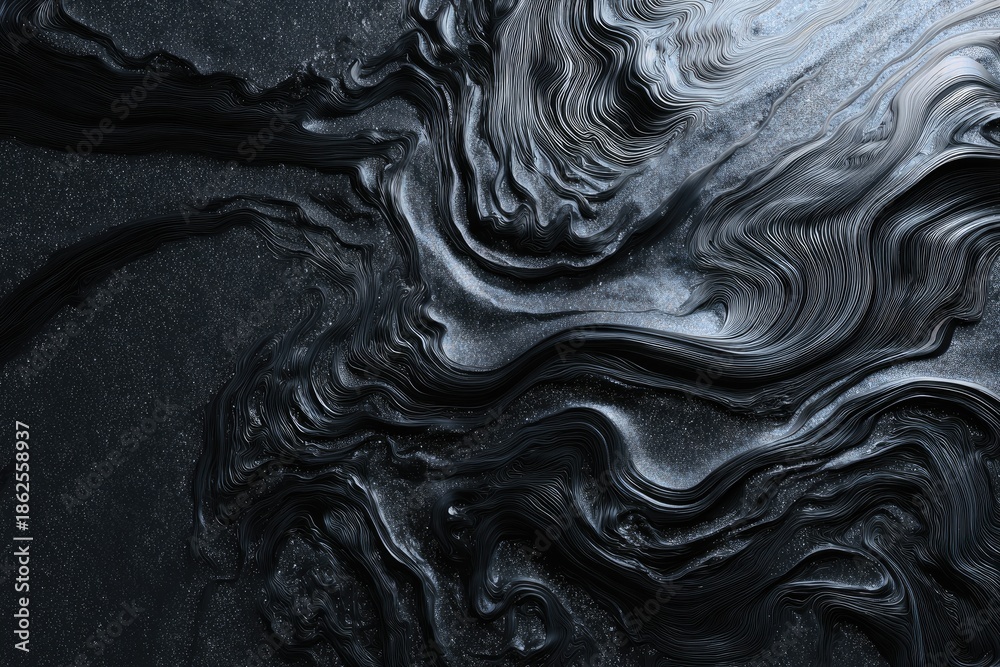Fototapeta premium Dark, metallic, swirling textures with layered, rippling, organic forms