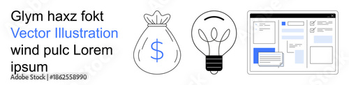 Business, creativity, financial planning, web design, digital innovation, graphic design. A money bag, light bulb and web interface visuals. Business and creativity