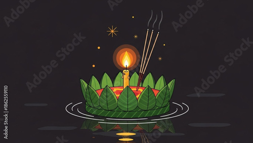 A serene and peaceful floating candle on a leaf boat with incense sticks in a dark background with stars and ripples in the water creating a sense of calmness