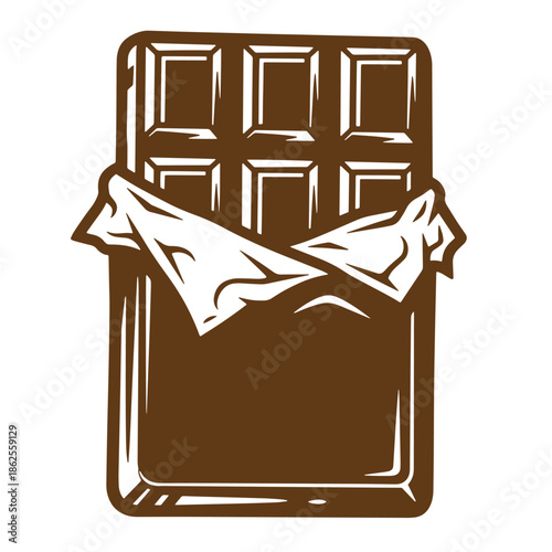 Chocolate bar with wrapping paper peeled back to reveal smooth chocolate surface