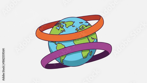 Colorful illustration of planet earth with abstract rings orbiting around it on a white background, symbolizing global unity and environmental awareness