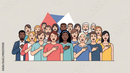 Diverse group of people standing together singing with hands on heart, illustration of unity and patriotism with diversity and multicultural