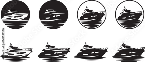A set of black silhouettes of speedboats on water, illustrated from various viewpoints, showcasing different designs and graphic styles.