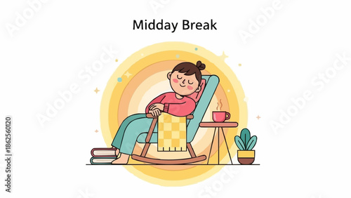 Woman relaxing in rocking chair during midday break with eyes closed.