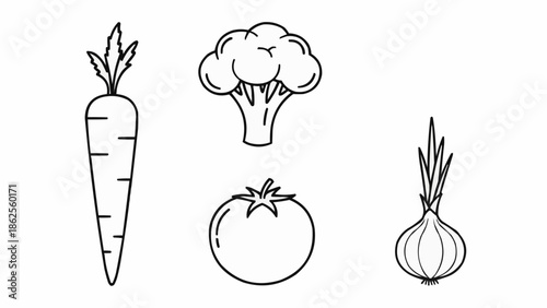 Simple Line Art Drawing of Assorted Fresh Vegetables.