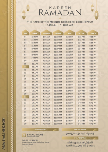 Ramadan Kareem Hijri Islamic Monthly Calendar Template Design in Gold Color Palette