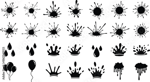 Black ink splashes and water drop icons set, liquid spray splatter collection, grunge paint blot elements, artistic drip symbols, vector.