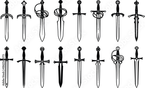 Black, Sword, Icons, Set, Vector, Knight, Weapon, Silhouette, Medieval, Blade, Dagger, Rapier, Fantasy, Armor, Game, Design, Element, Ancient, Combat, Collection