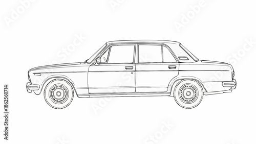 Classic Sedan Car Outline Drawing Side View.