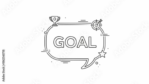 Goal achievement concept with trophy, target, and star in speech bubble.