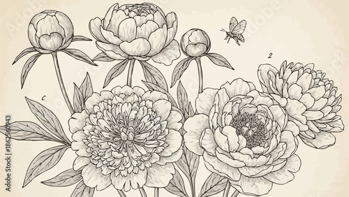 Vintage Botanical Illustration of Peony Flowers and Butterflies.
