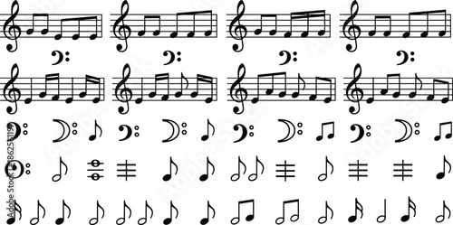 Music notes and clef symbols set, musical notation on staff lines collection, sheet music elements for composers, melody and harmony, vector..eps