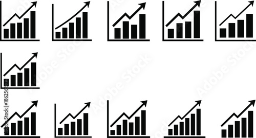 Set of business growth bar charts with rising arrows, financial success icons, profit increase symbols, and data analysis vector illustrations