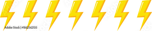 Yellow lightning bolt icons set, electric power energy symbol, thunderbolt flash collection, bright storm weather element, fast speed charging concept, vector.