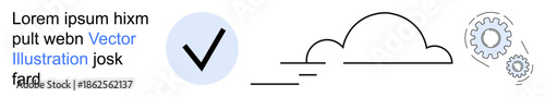Authentication, cloud computing, automation processes, data safety, digital business, technology integration. Blue checkmark, cloud outline and cogwheel design. Authentication and cloud computing
