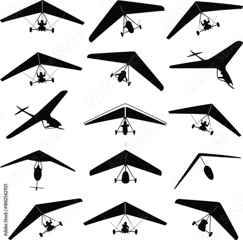 Ultralight aircraft silhouettes, hang glider icons, flying vehicle shapes, black vectoe