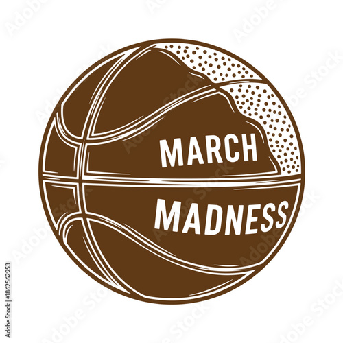 Brown basketball with March Madness text on white background